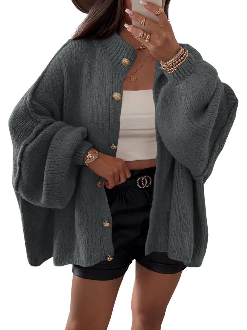 Women's Dark Gray Lantern Sleeve Button Down Casual Chunky Knit Cardigan Sweater
